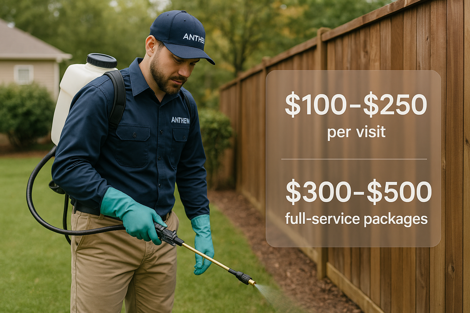 Technician applying centipede control spray with price chart overlay