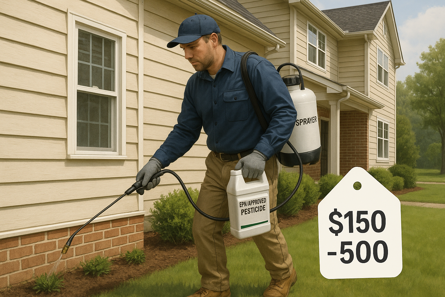 Professional pest technician applying a perimeter barrier spray around a home foundation
