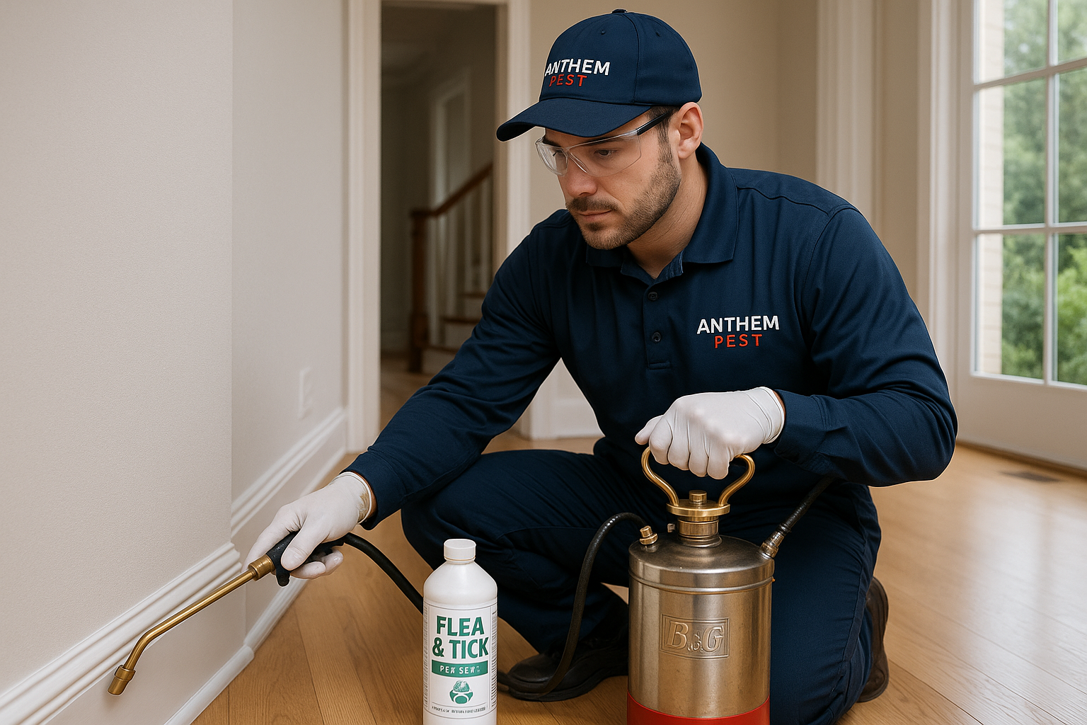 Professional technician applying flea treatment inside a Vinings home