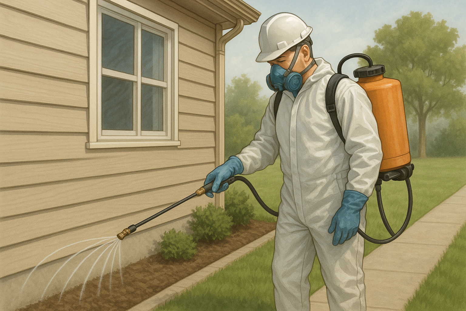 Technician applying tick perimeter spray in a suburban yard