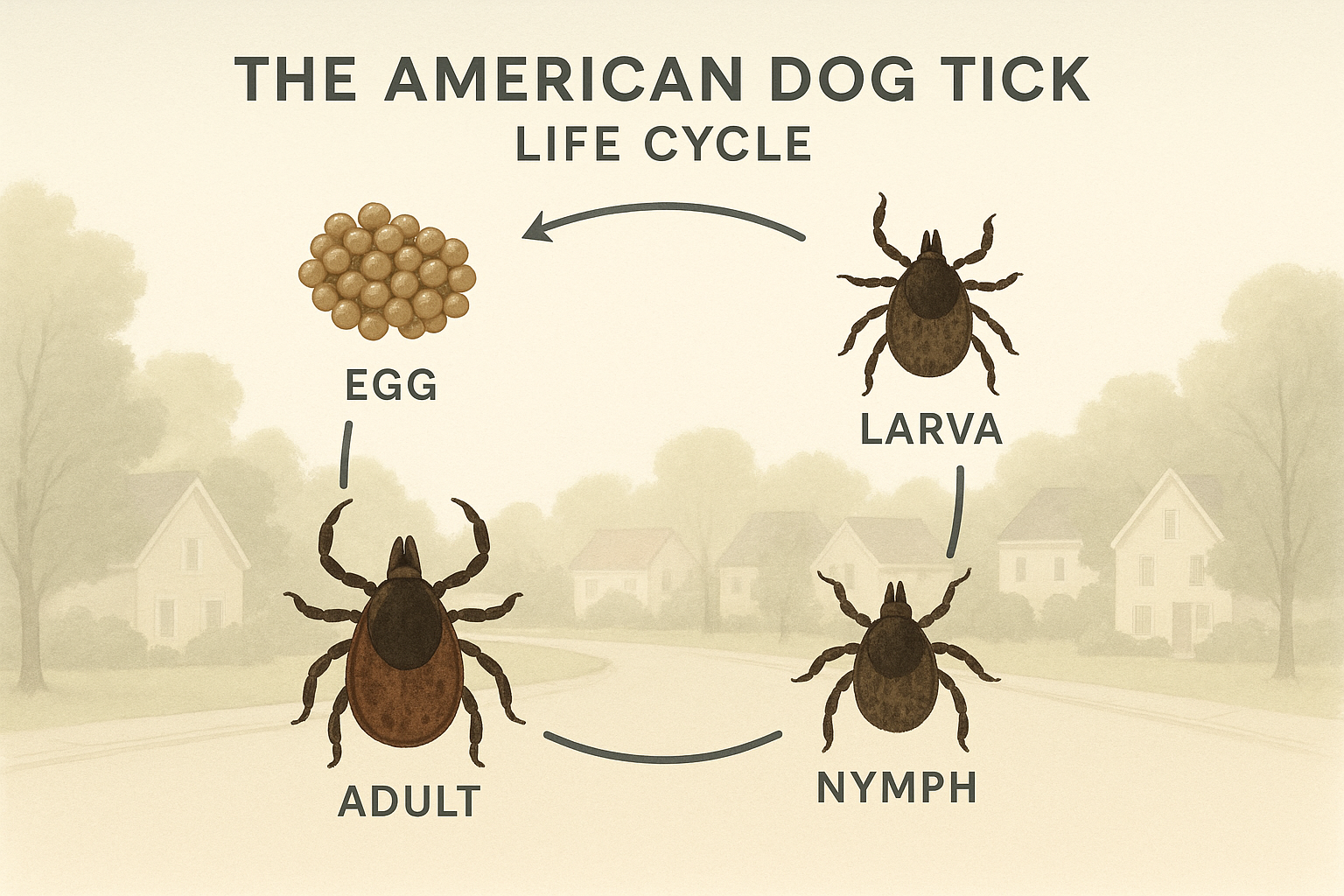 Simplified tick life‑cycle diagram showing egg, larva, nymph, and adult stages