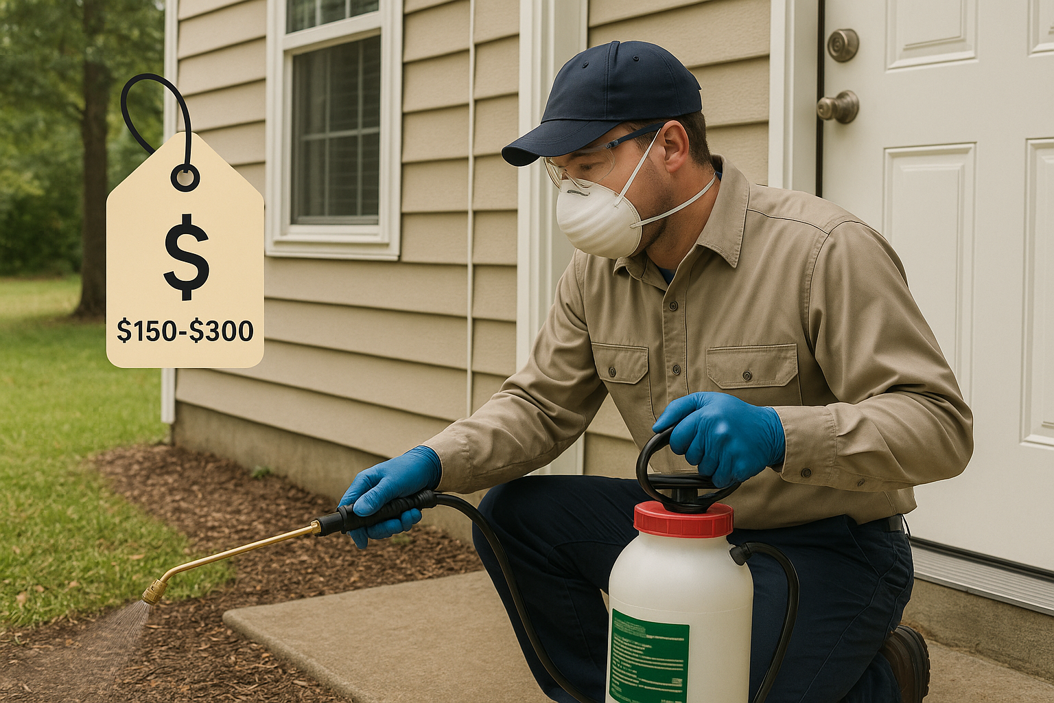 Technician applying ant control treatment around a home entry point