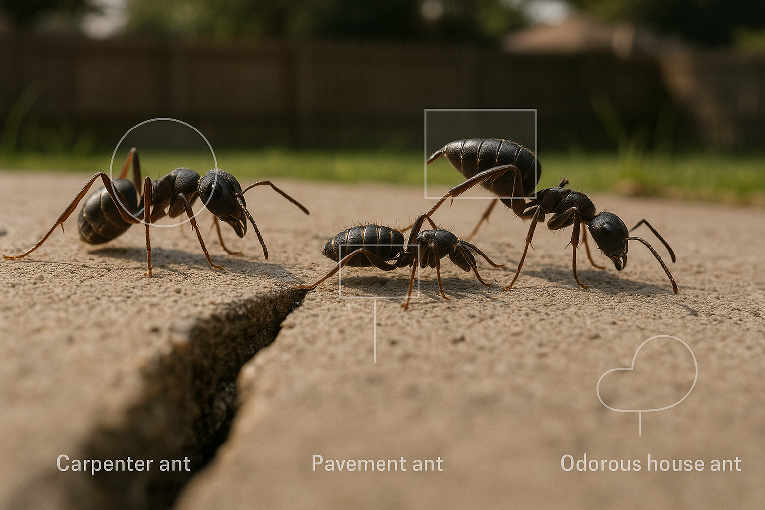 Close‑up of carpenter, pavement, and odorous house ants on a wooden surface