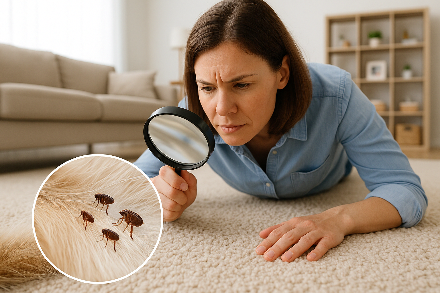 Close-up of flea dirt and tiny moving specks on a bedroom floor