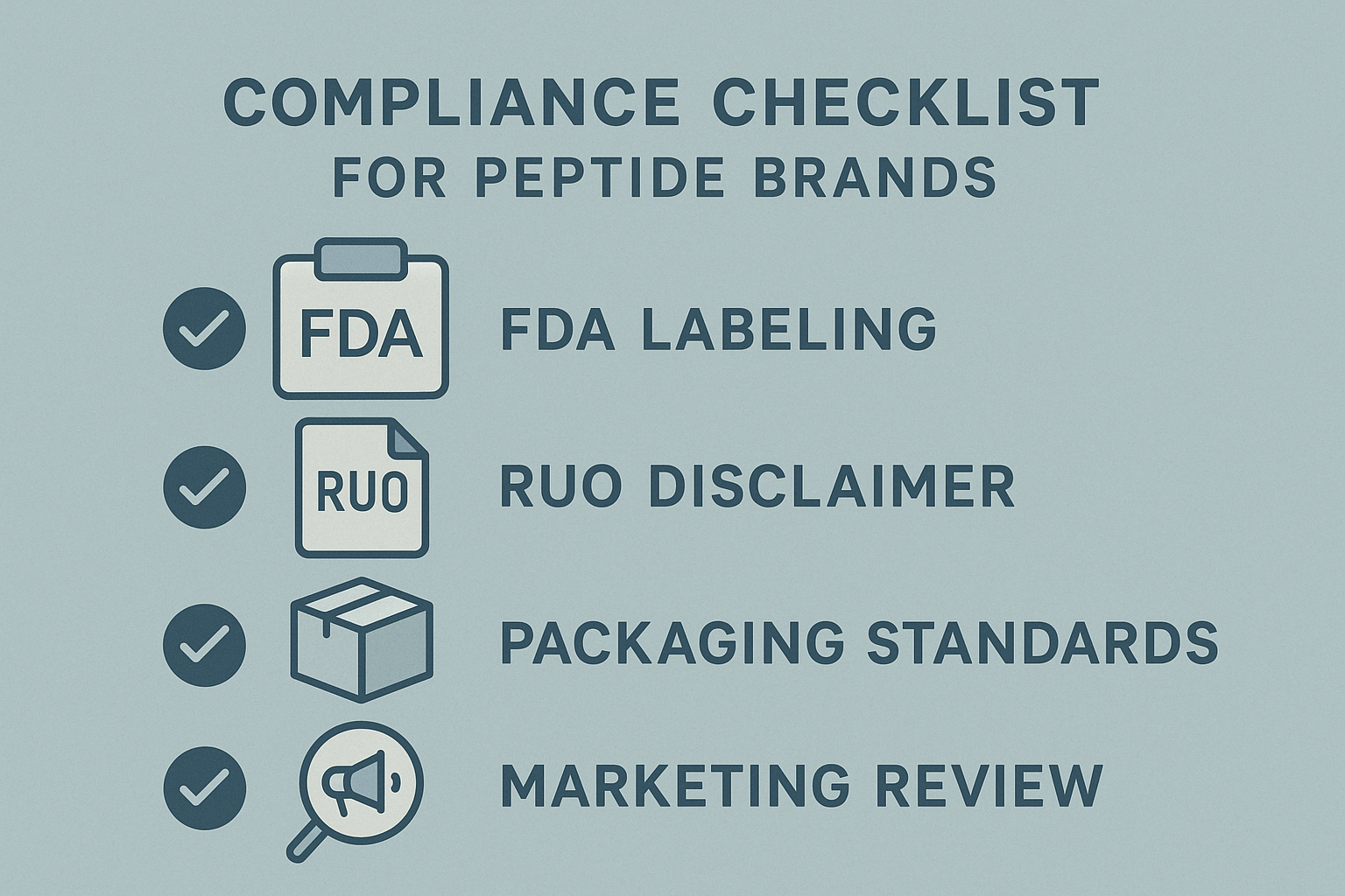 Compliance checklist infographic showing icons for labeling, disclaimer, packaging, marketing, records, and advertising