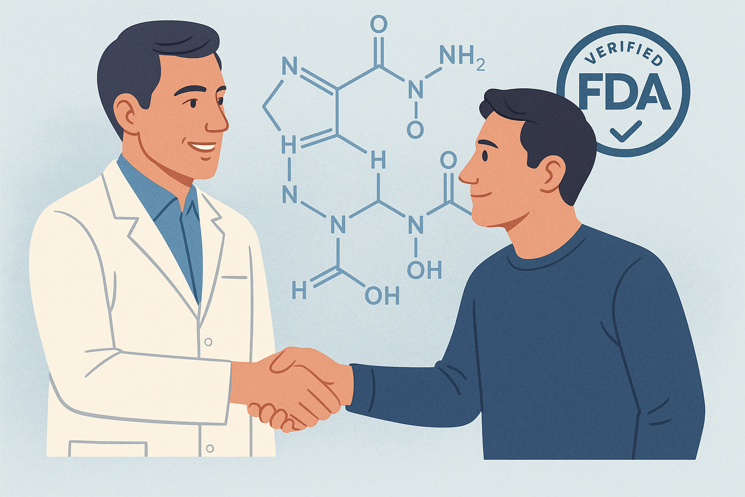 Clinic owner shaking hands with research subject, peptide overlay