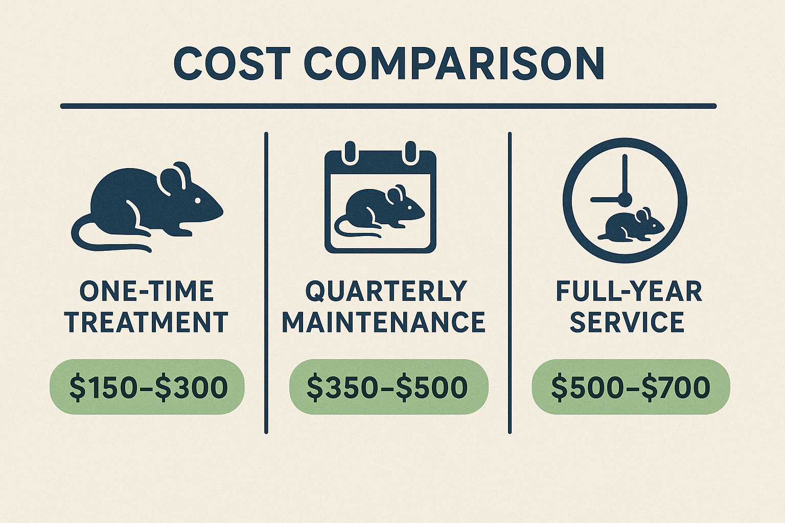 Infographic comparing mouse control costs for inspection, one‑time treatment, quarterly maintenance, and full‑year protection