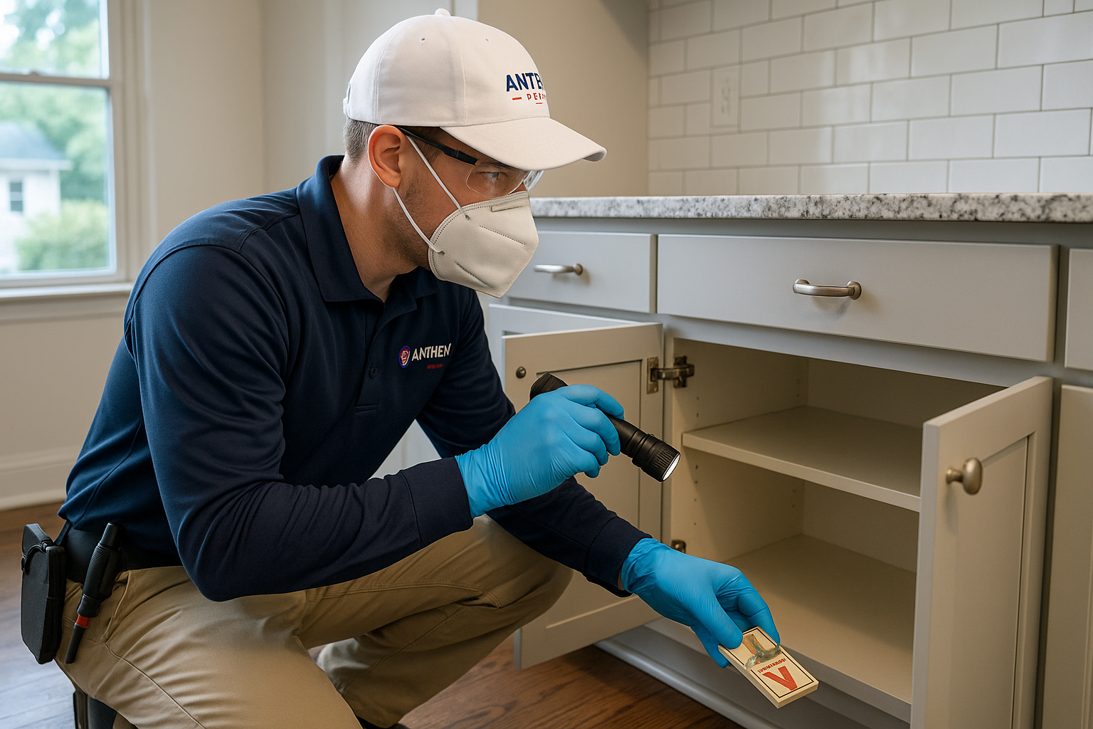 Anthem Pest technician performing a mouse inspection in a Norcross home