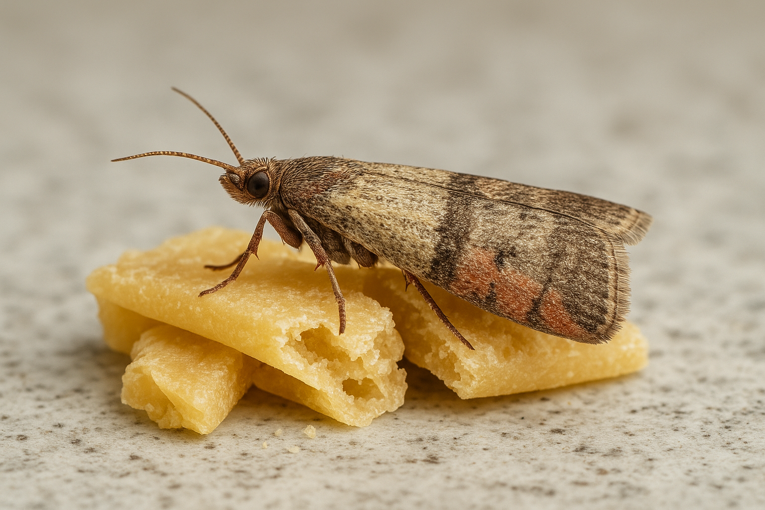 Close‑up of pantry and clothes moths on household items