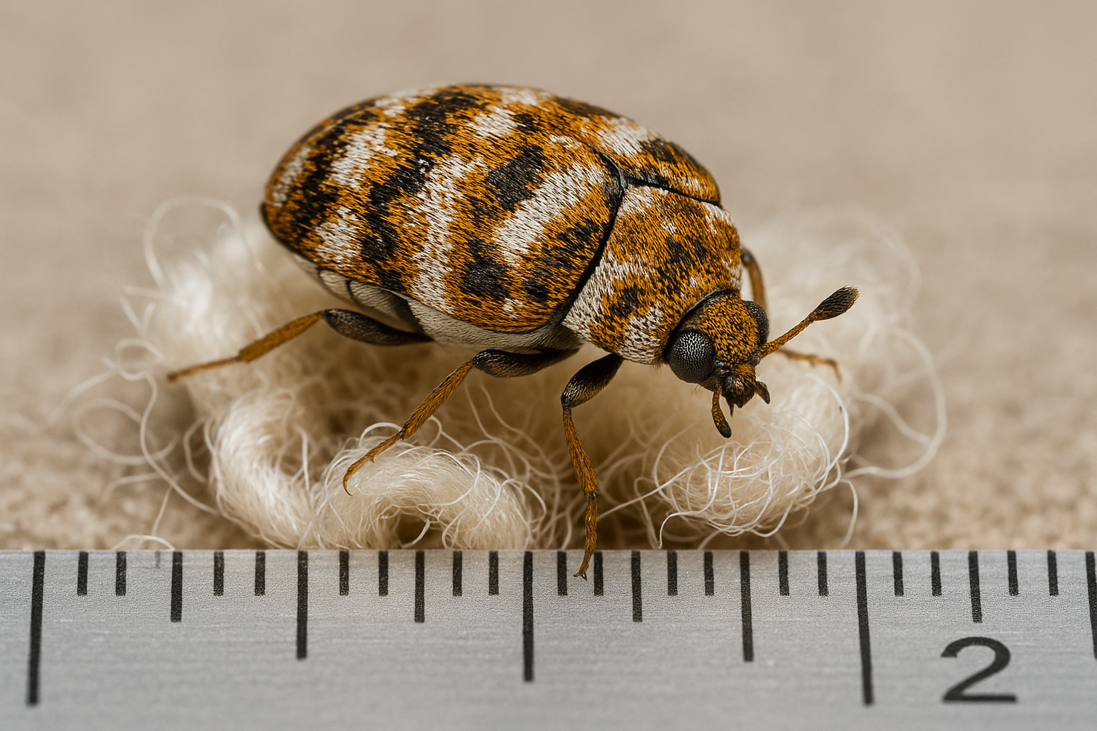 Close‑up of a small, mottled carpet beetle on a floor surface