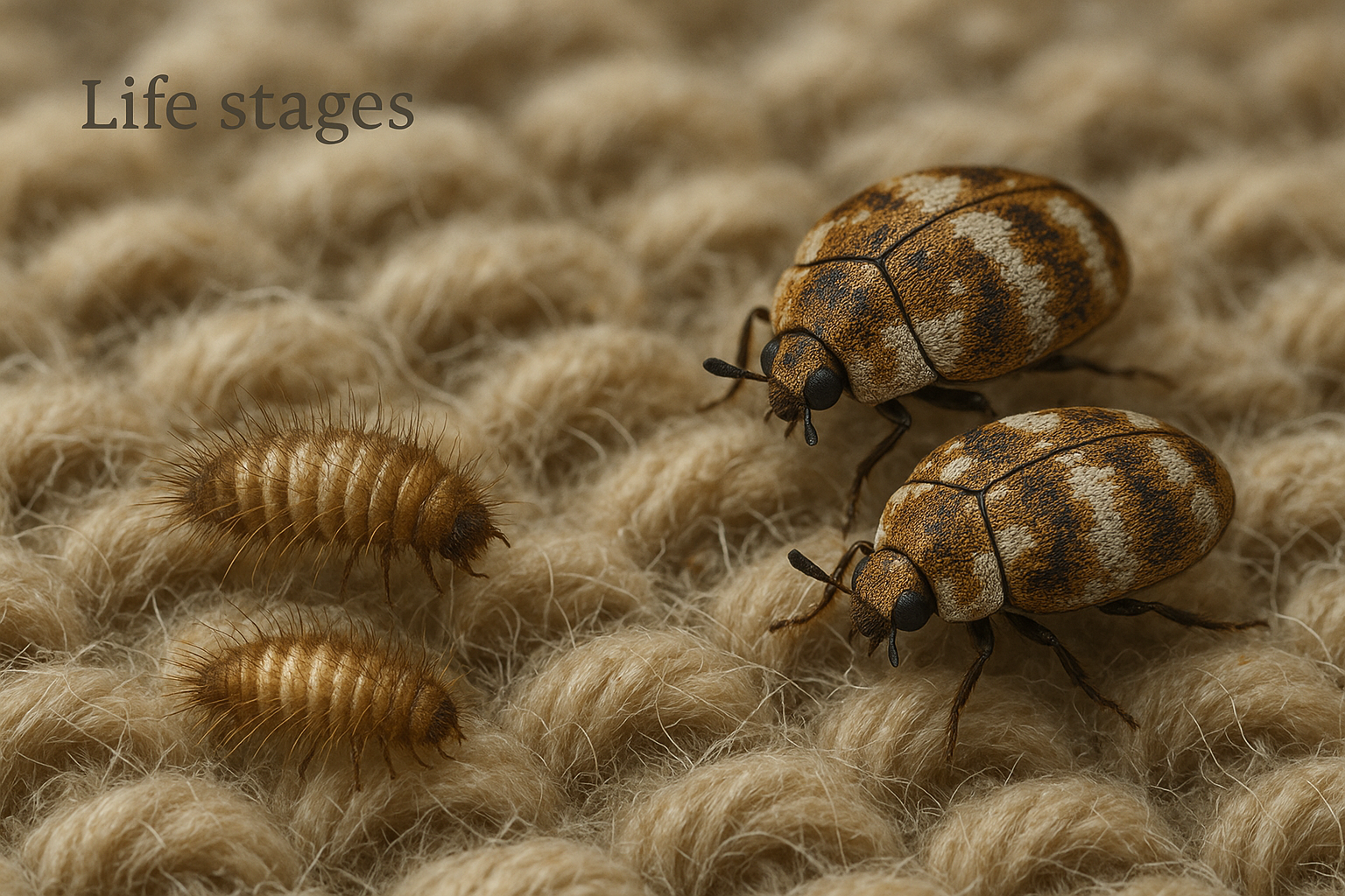 Close-up view of adult carpet beetle and its bristly larva on fabric