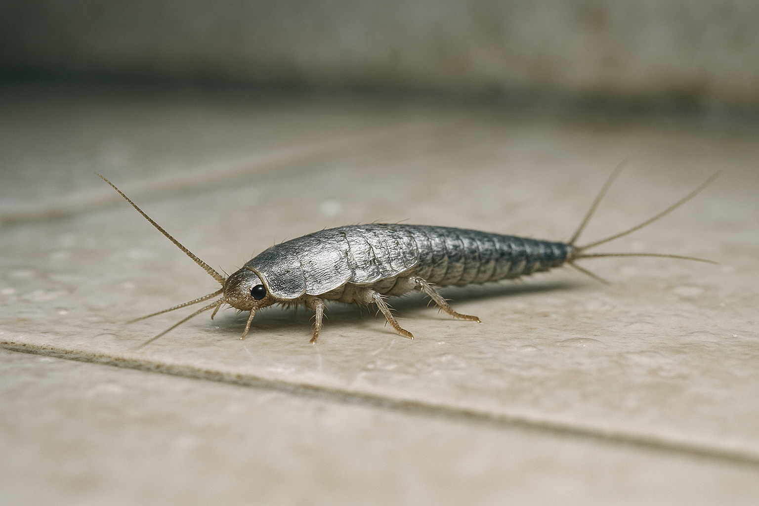 Close‑up illustration of a silverfish showing silvery scales and three rear bristles