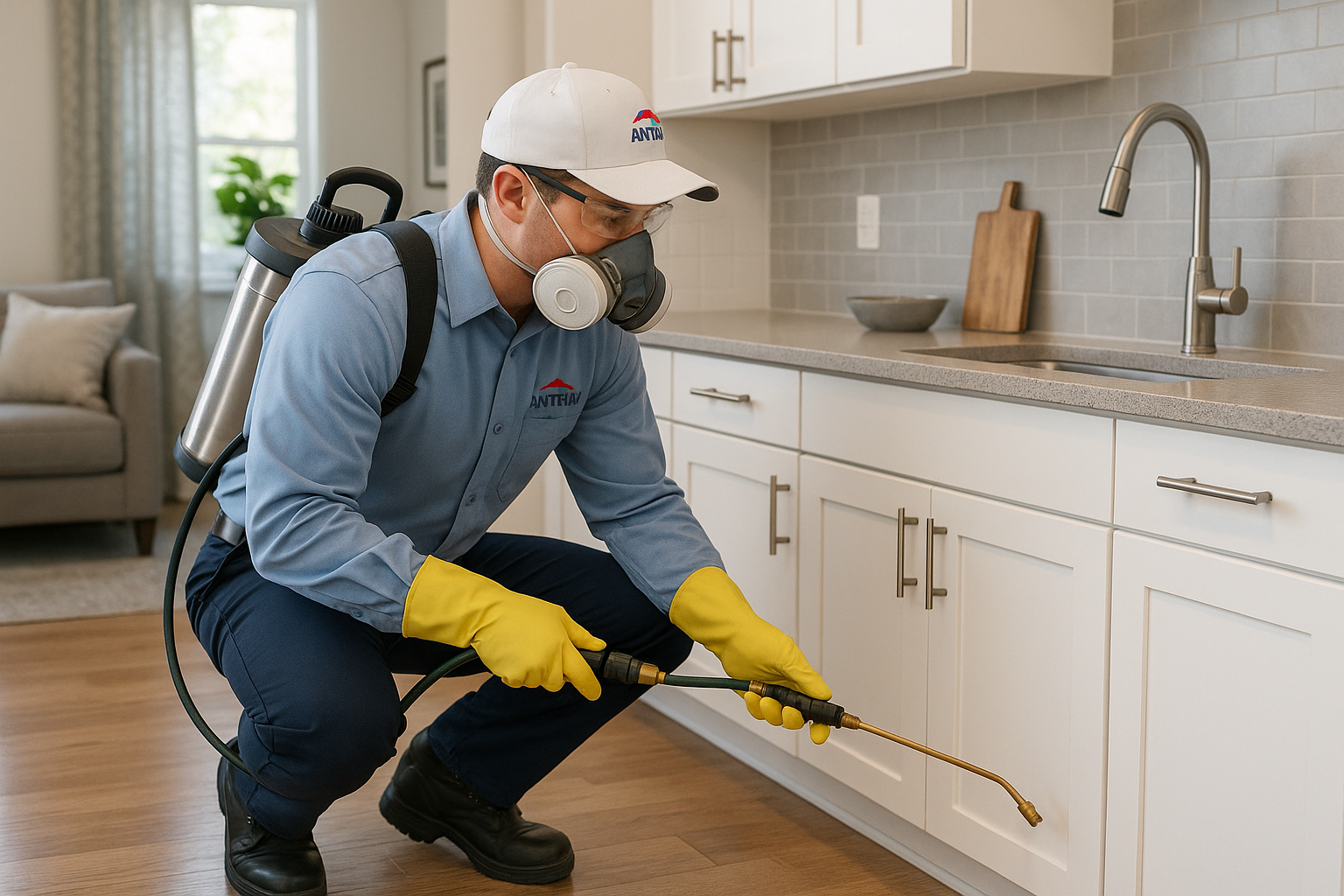 Technician applying silverfish treatment in a home