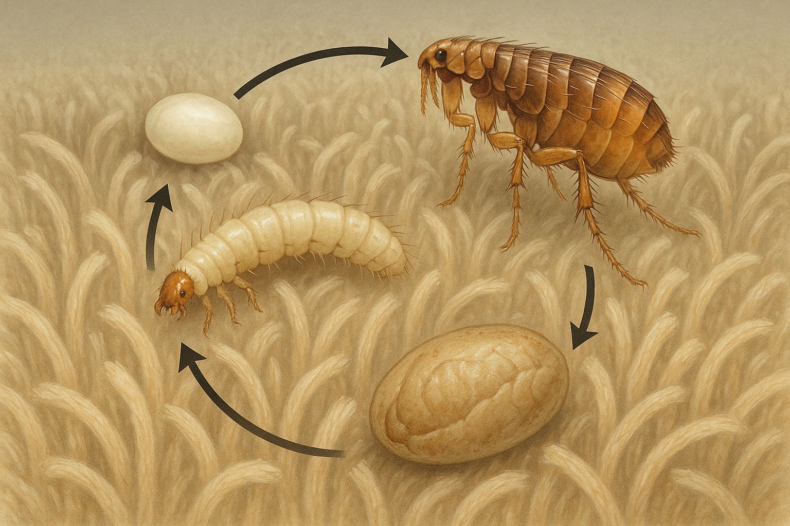 Illustration of the flea life cycle from egg to adult