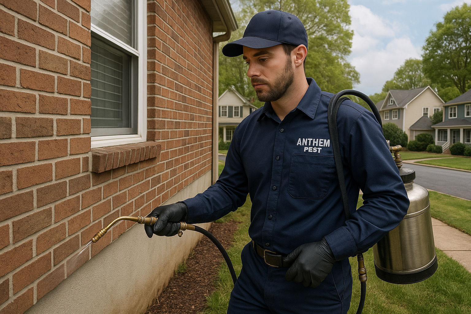 Technician applying barrier treatment to home foundation