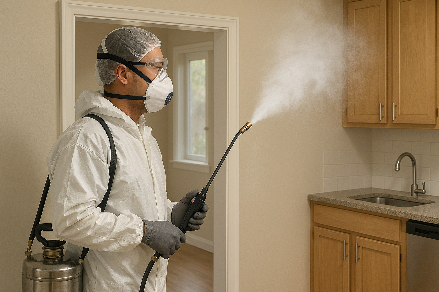 Technician applying a safe pesticide treatment to a backyard garden