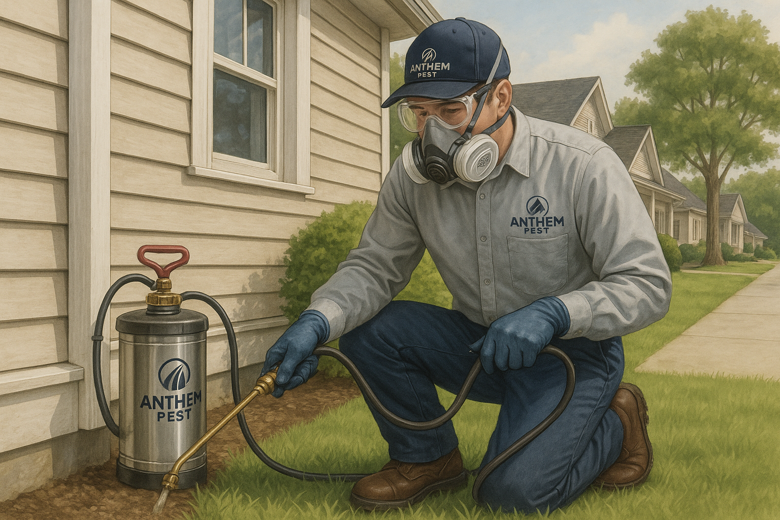 Technician applying termite treatment with protective gear and equipment