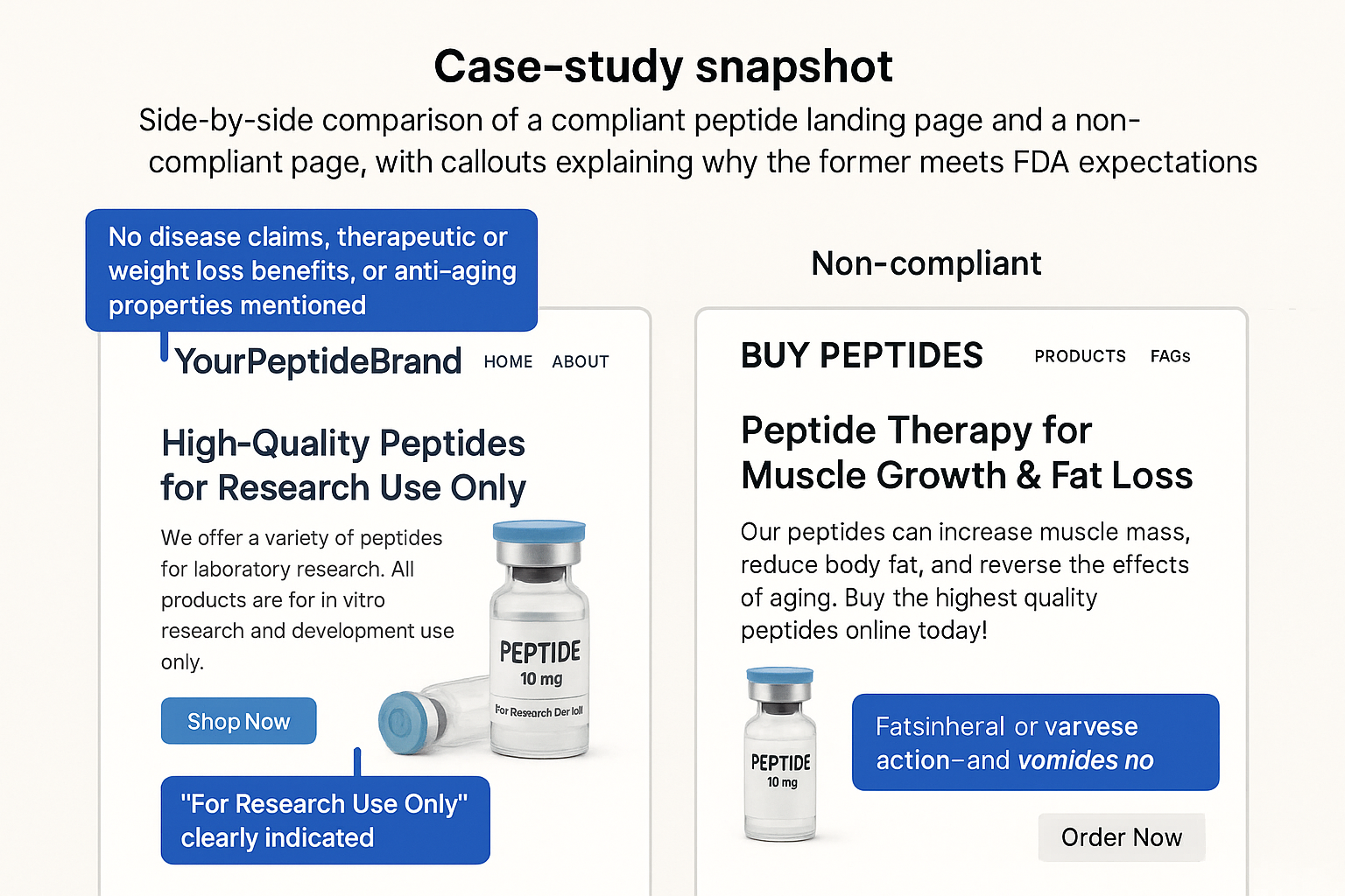 Side‑by‑side comparison of compliant and non‑compliant peptide landing pages