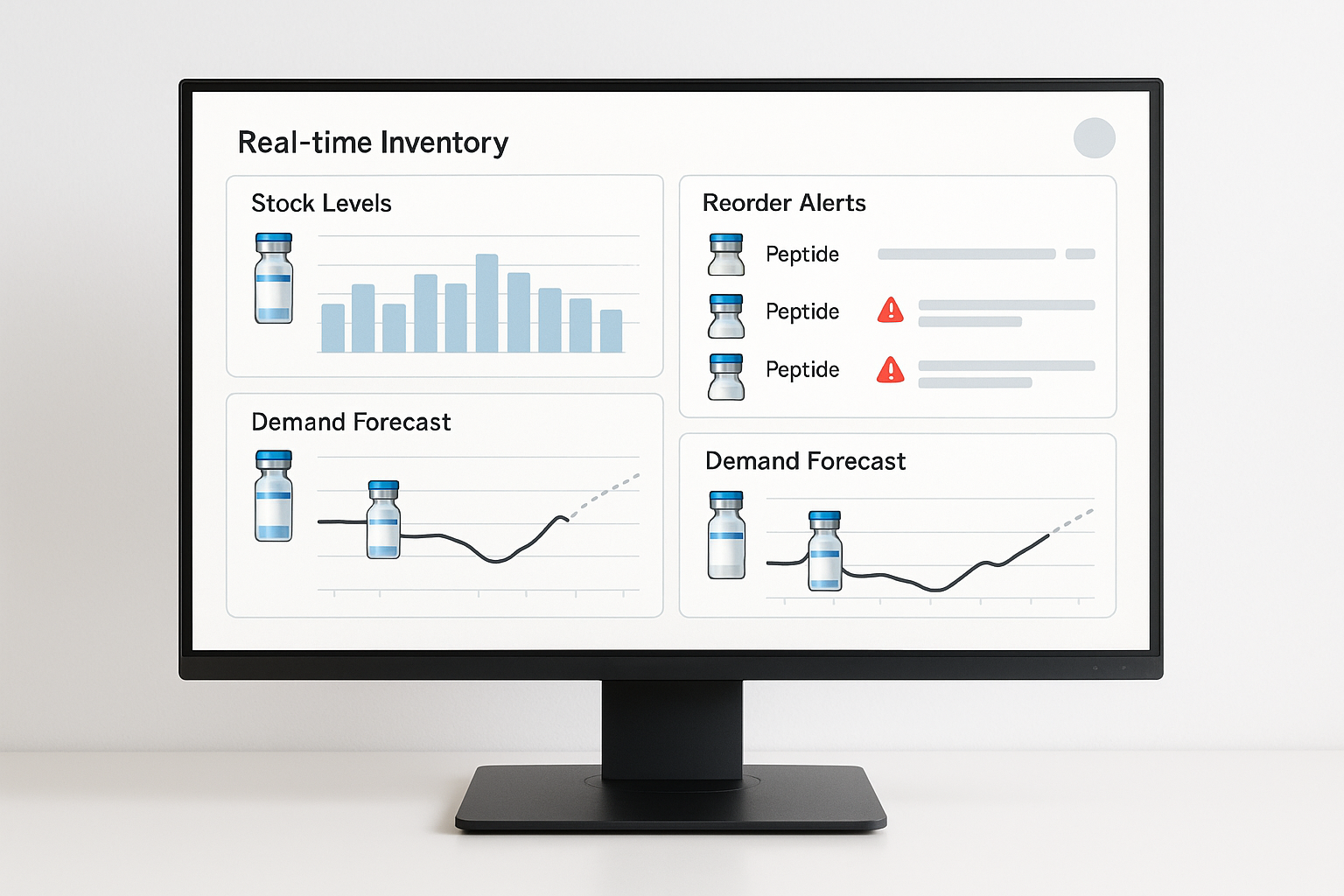 Live peptide inventory dashboard showing stock levels and forecasted demand