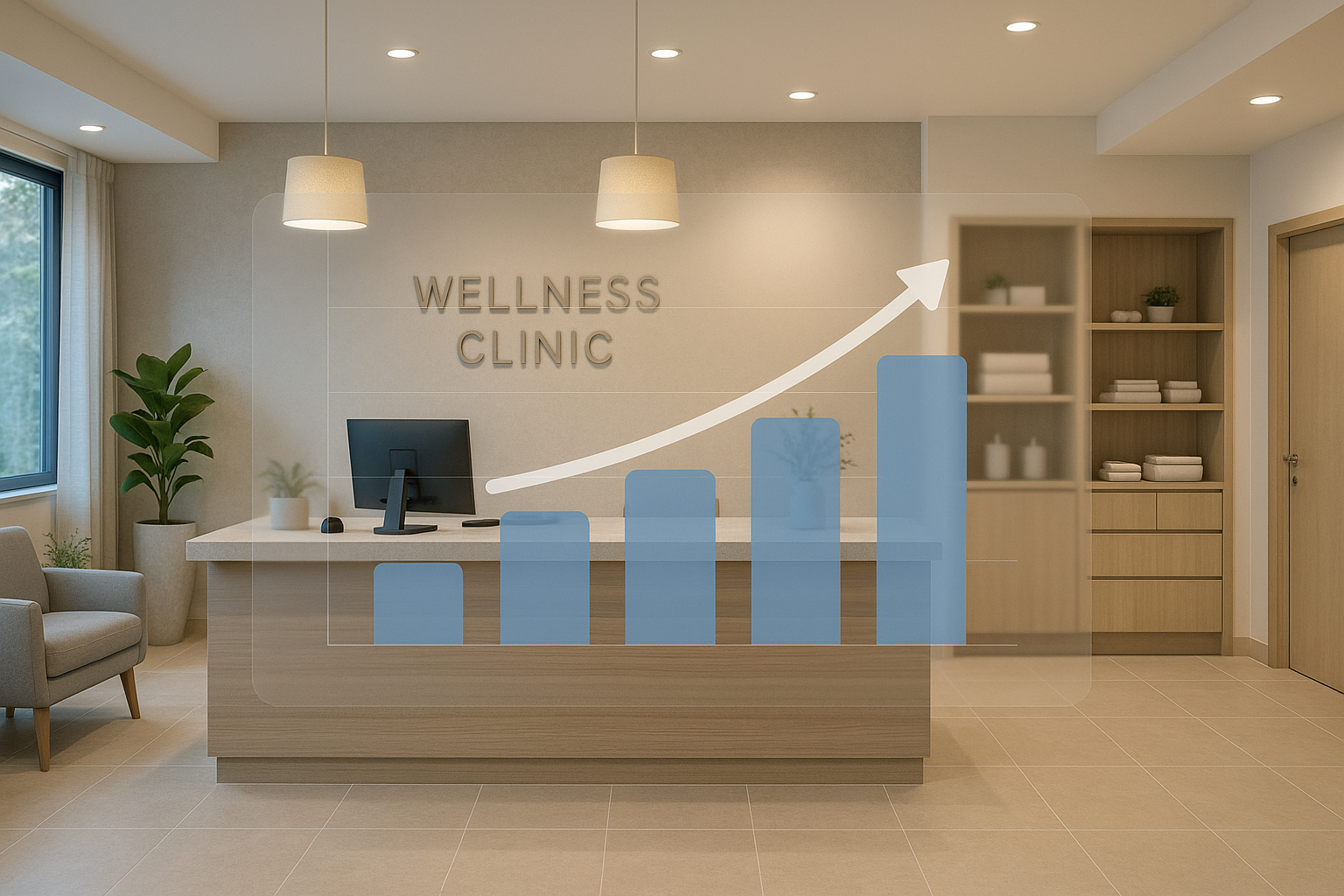 Flow chart overlay on a clinic reception scene illustrating reactivation and loyalty sequences
