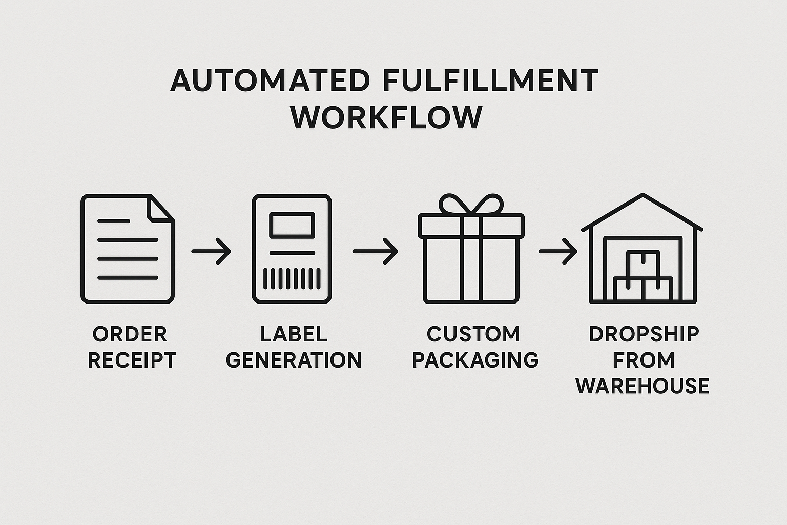 Automated fulfillment workflow diagram showing order receipt, label generation, packaging, quality check, and dropship