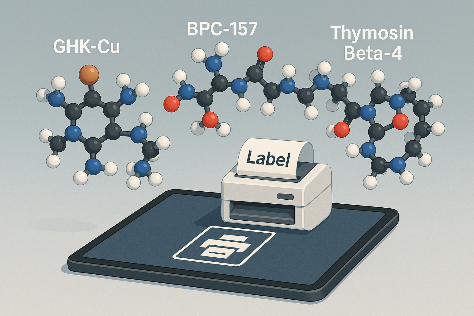 Illustration of peptide molecules and supply‑chain workflow