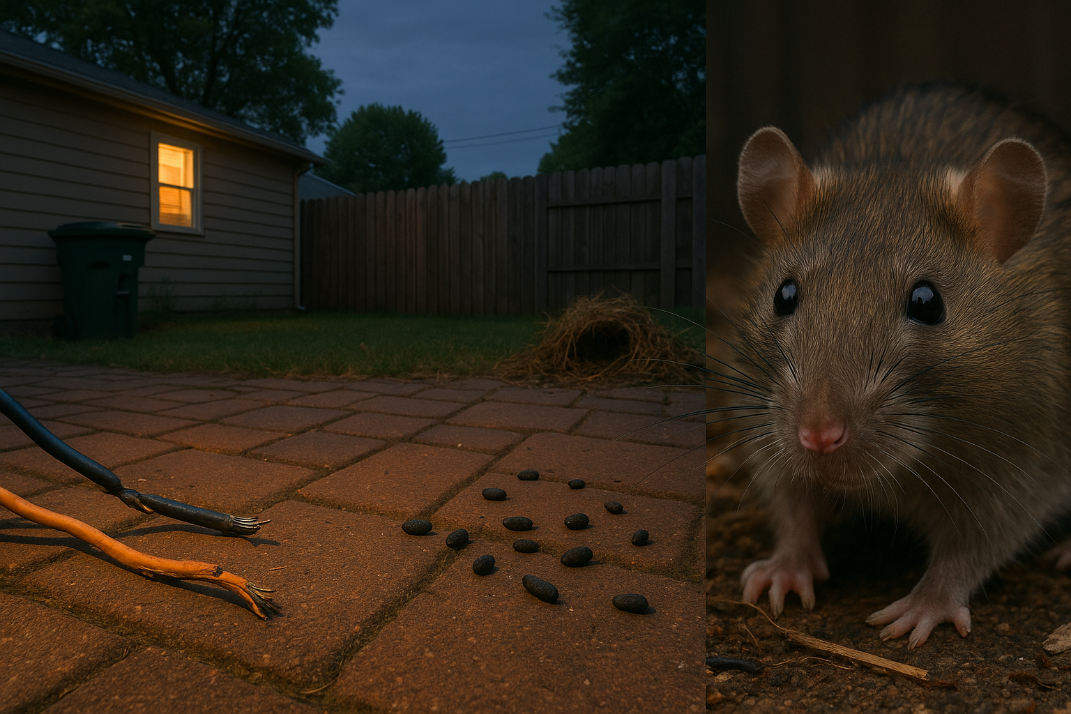 Typical rat signs such as droppings, gnaw marks, and burrows in a suburban backyard