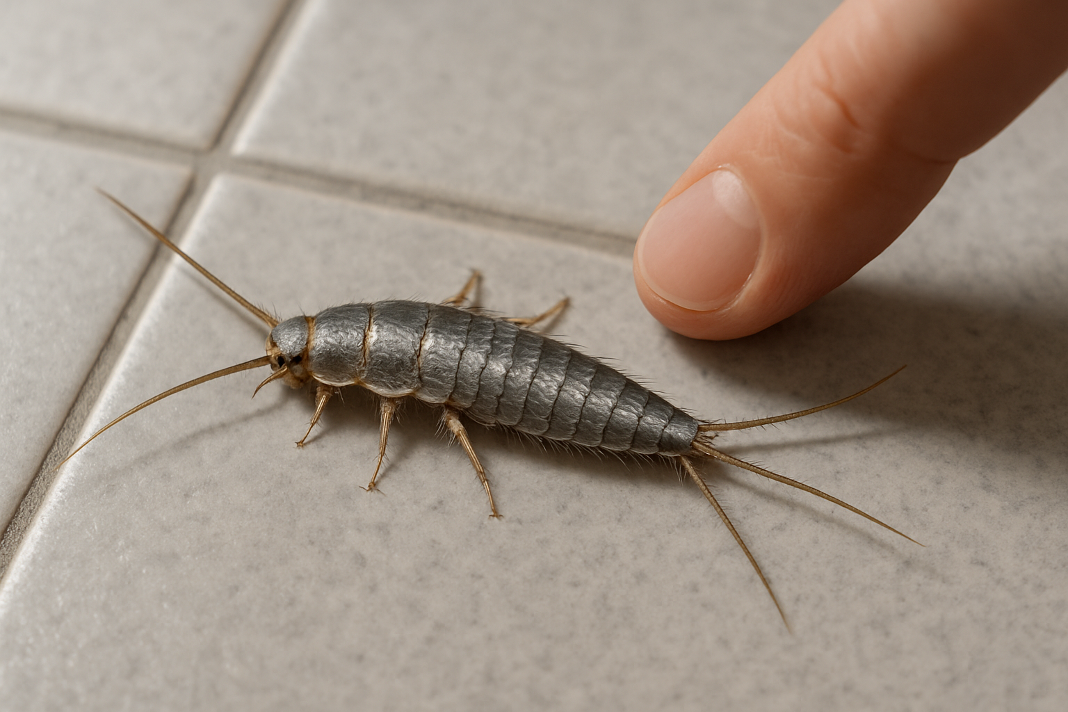 Illustration of a silverfish showing its silvery body and three tail bristles