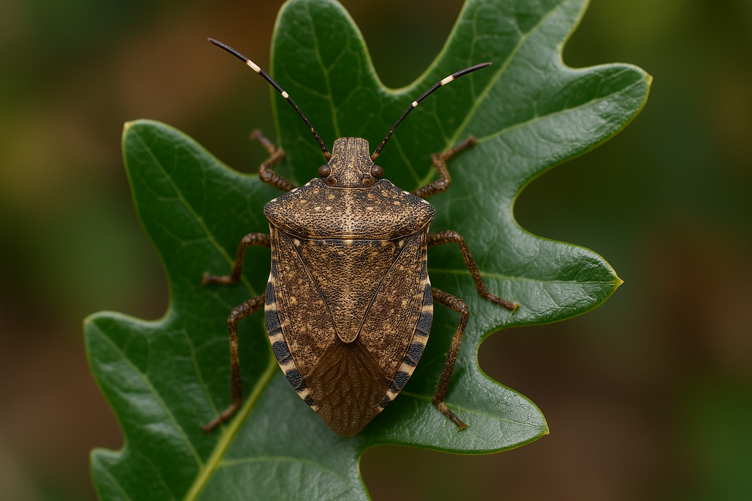 Close‑up of a brown‑gray stink bug showing its shield‑shaped body and white antenna bands