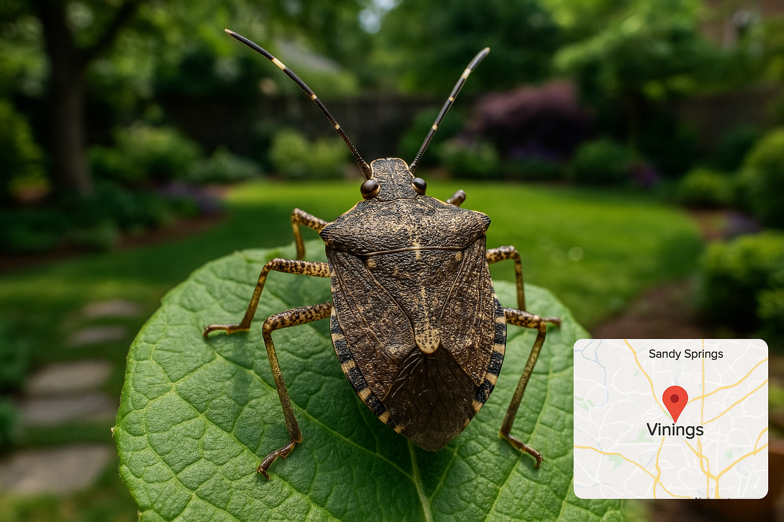 Close‑up of a brown stink bug with white banding on its back