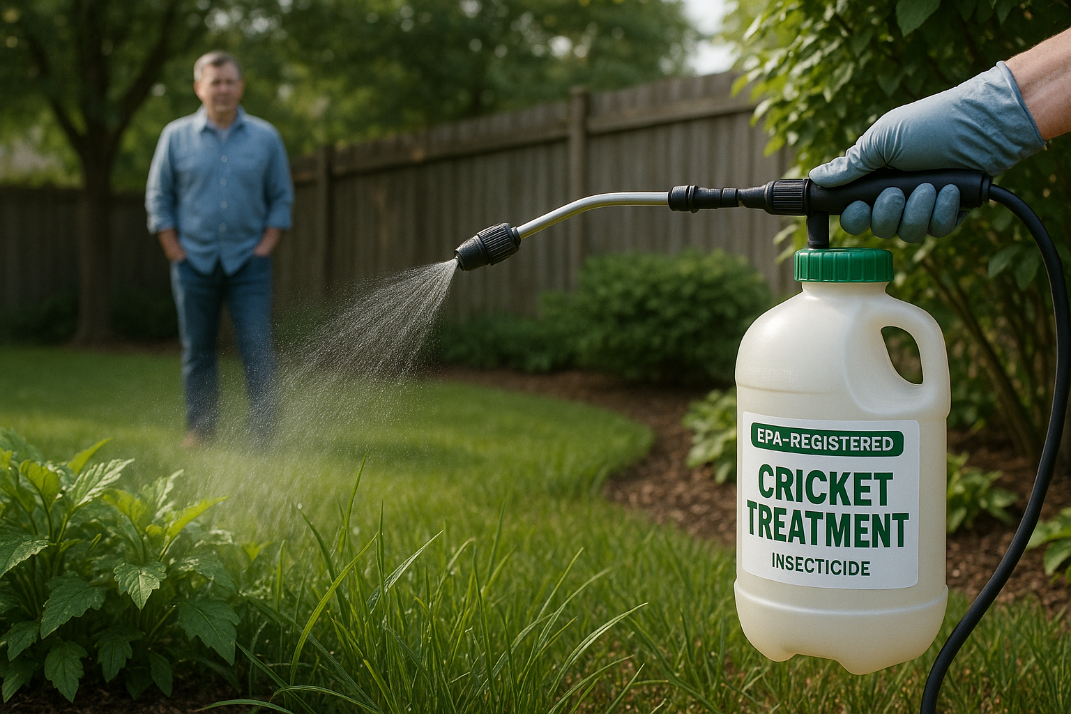 Illustration of cricket treatment methods, including chemical spray, diatomaceous earth, and habitat modification