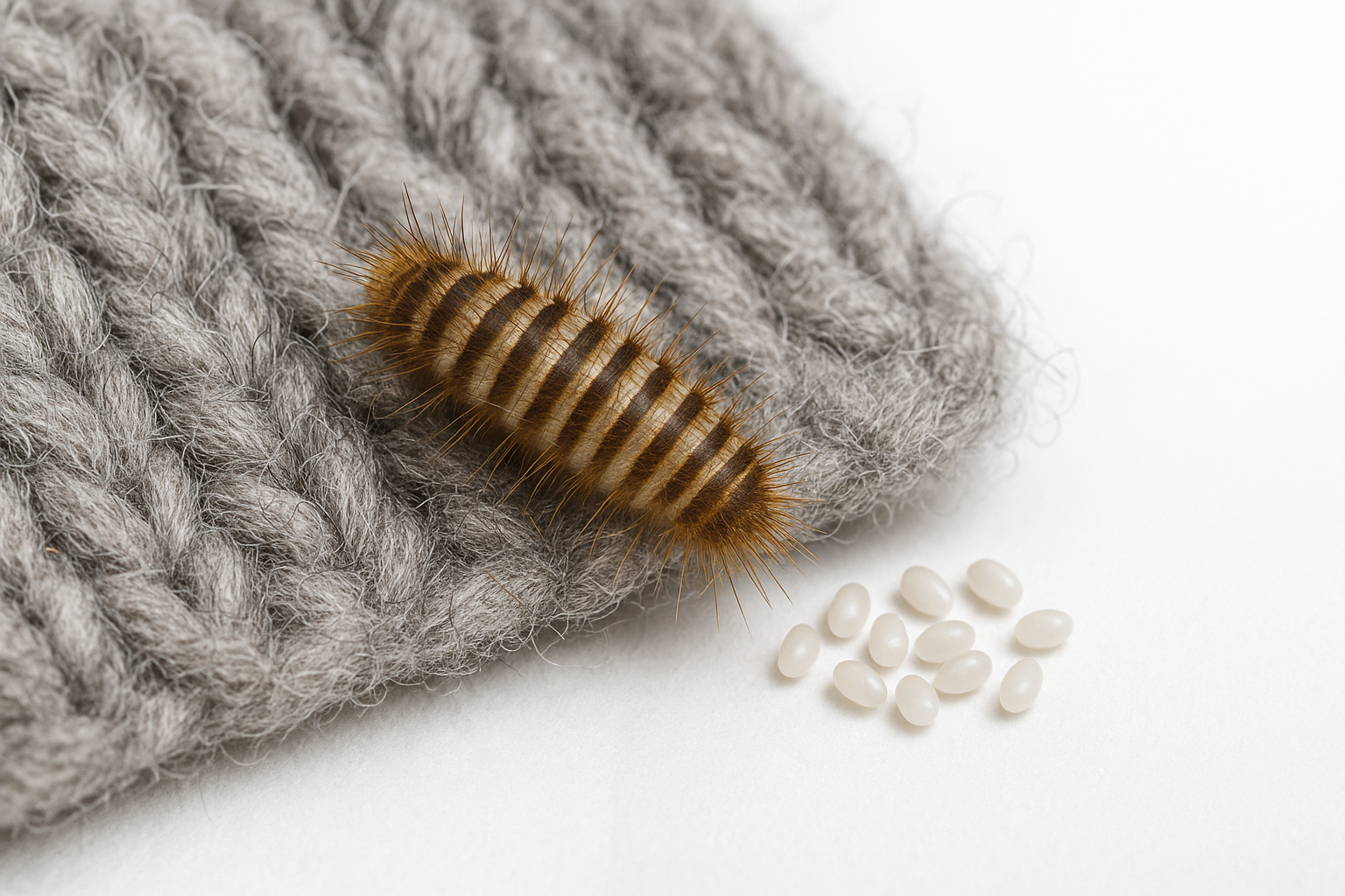 Illustration of carpet beetle larvae tunneling through fabric