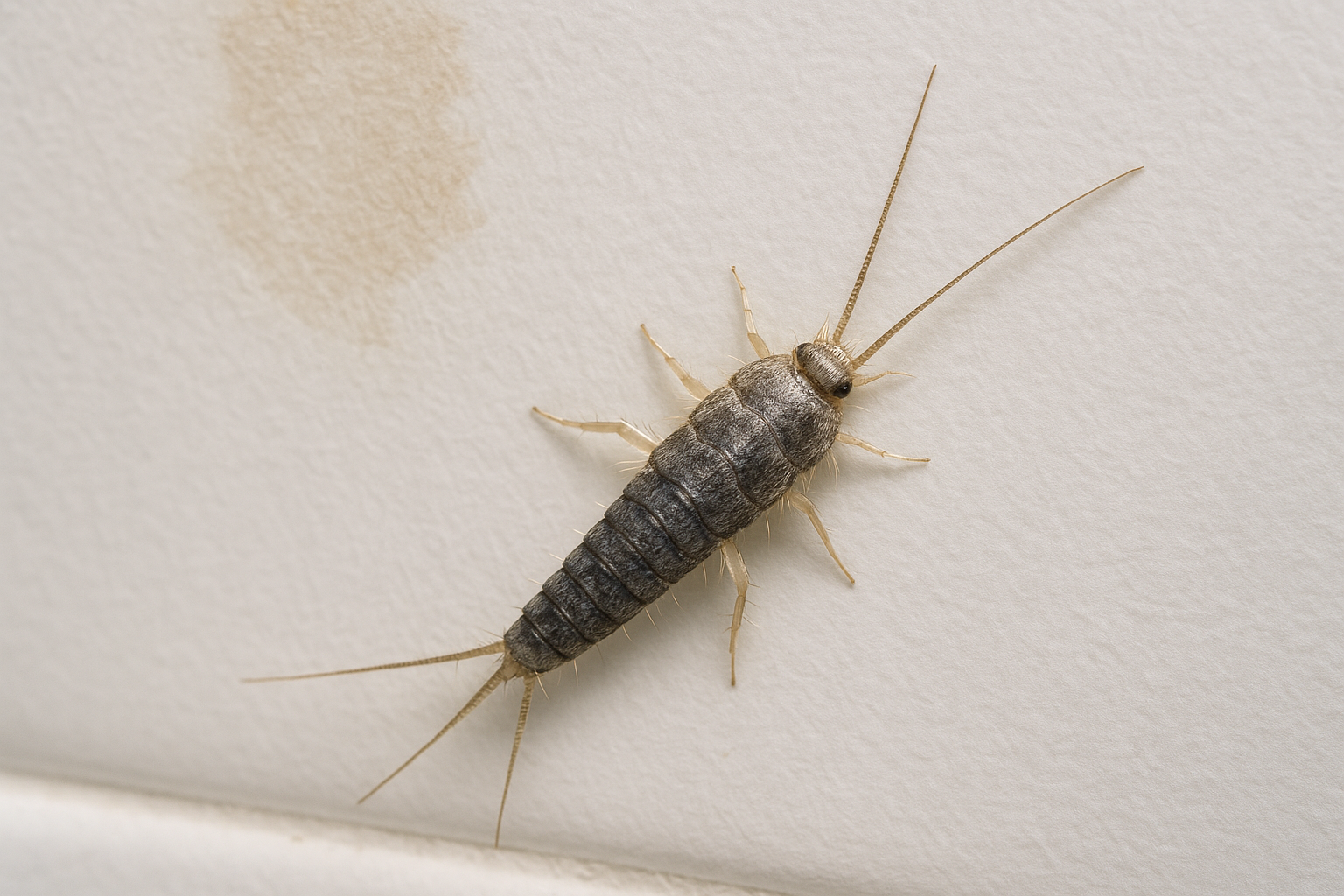 Silverfish on a bathroom tile showing silvery scales and three tail‑like appendages