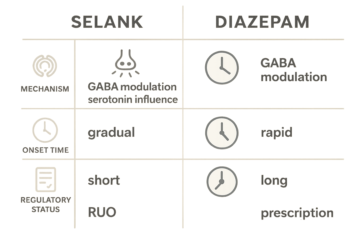 Comparative illustration of Selank’s indirect GABA modulation versus benzodiazepine’s direct GABAA potentiation