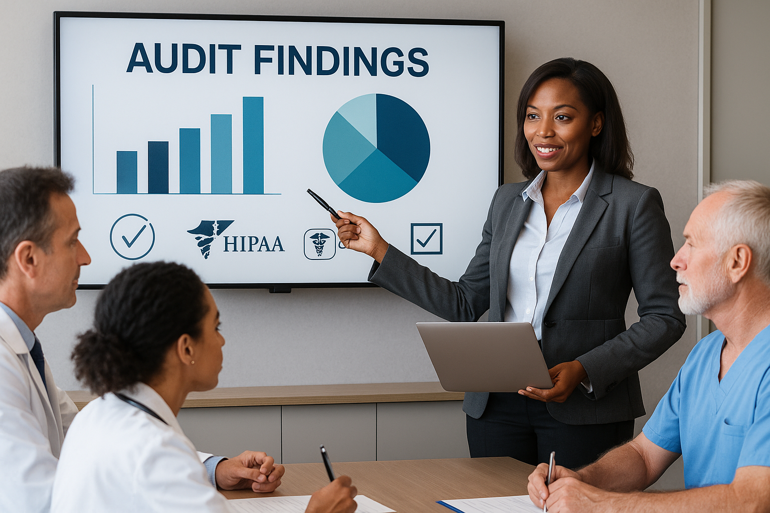 Manager presenting audit results to a multidisciplinary team