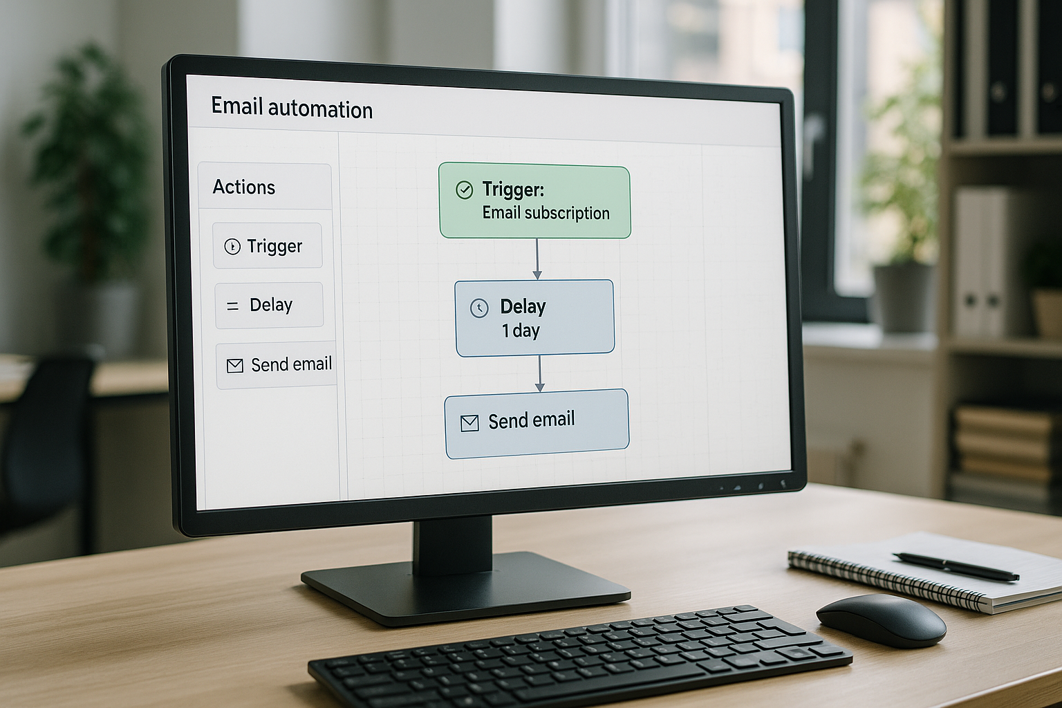 Drag-and-drop email workflow builder showing triggers, delays, and email blocks
