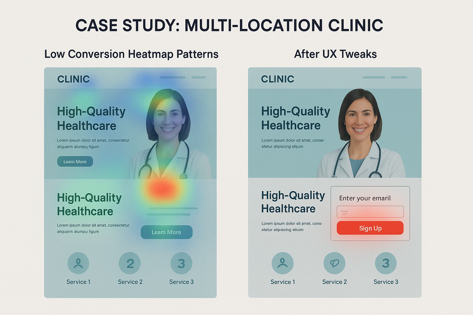 Heatmap of the clinic’s original landing page showing scattered clicks and low form interaction