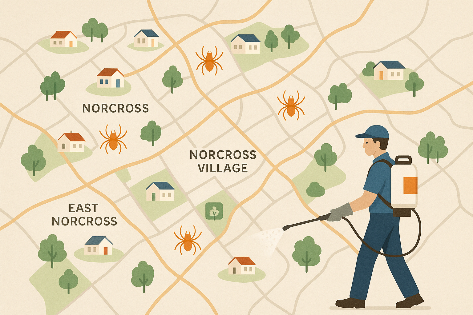 Spider‑Prevention Checklist graphic showing icons for sealing cracks, adjusting lighting, trimming vegetation, vacuuming, and decluttering
