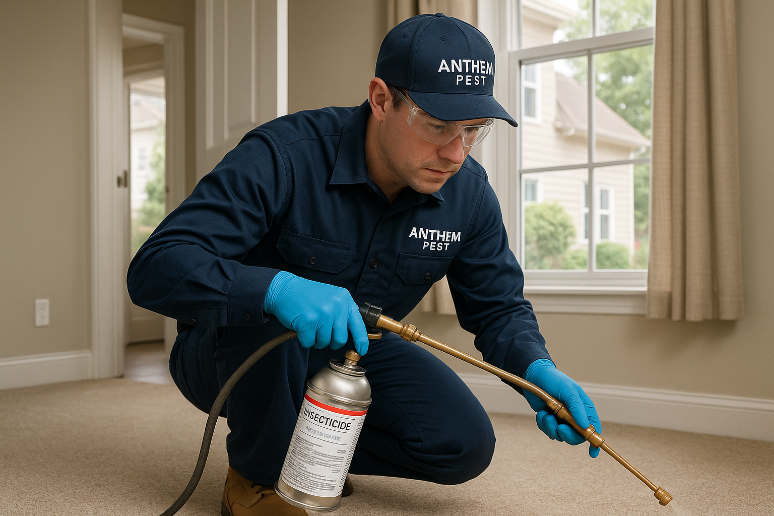 Anthem Pest technician treating a carpet in a Norcross home