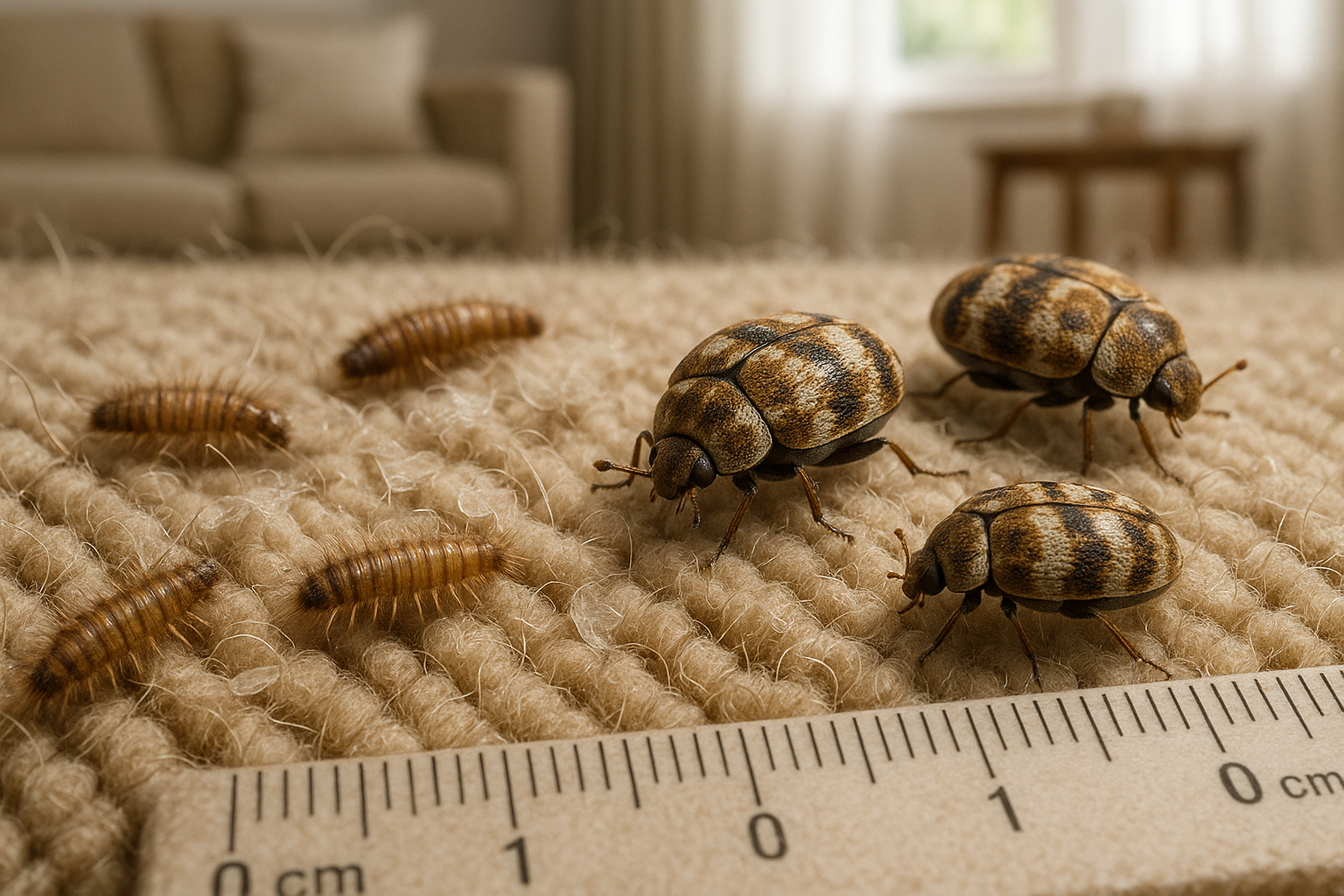 Carpet beetle larva and adult illustration