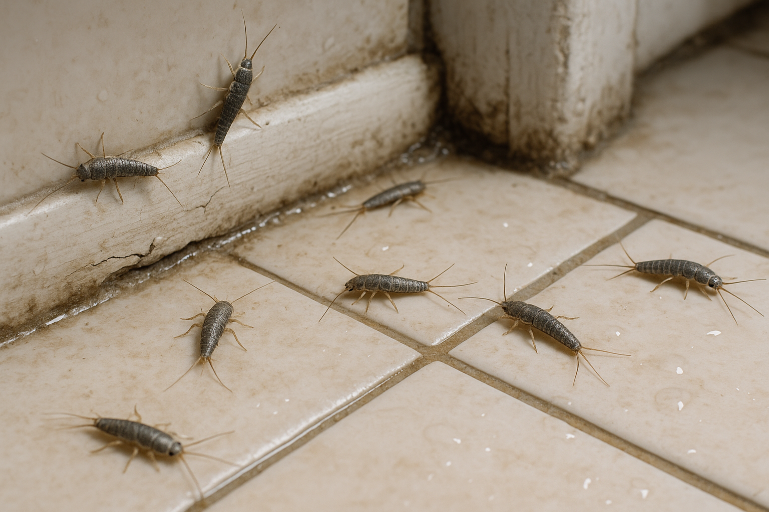 Close‑up view of a silverfish showing its scaly, fish‑shaped body and three bristle‑like tails