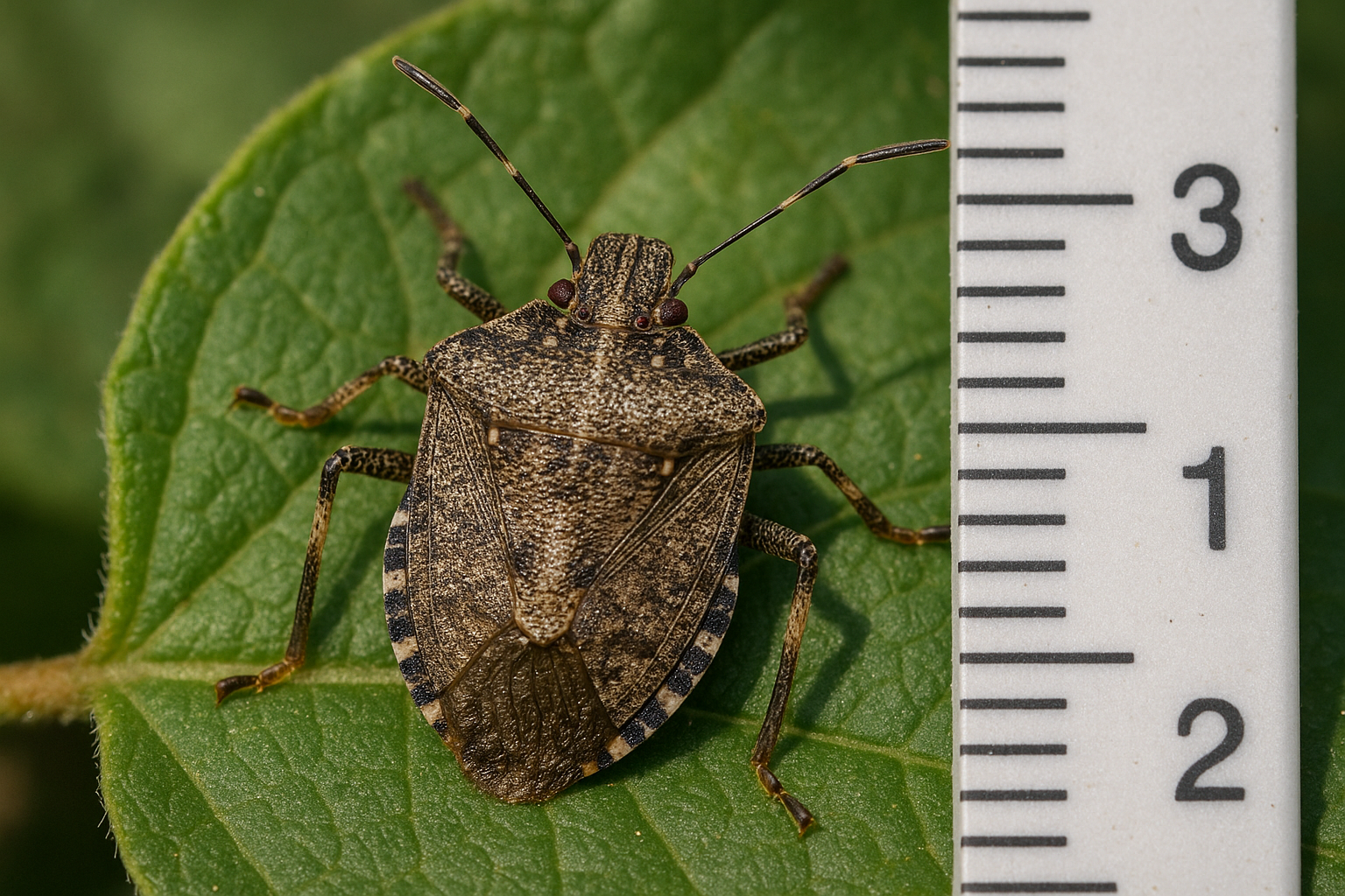 Brown marmorated stink bug on a leaf