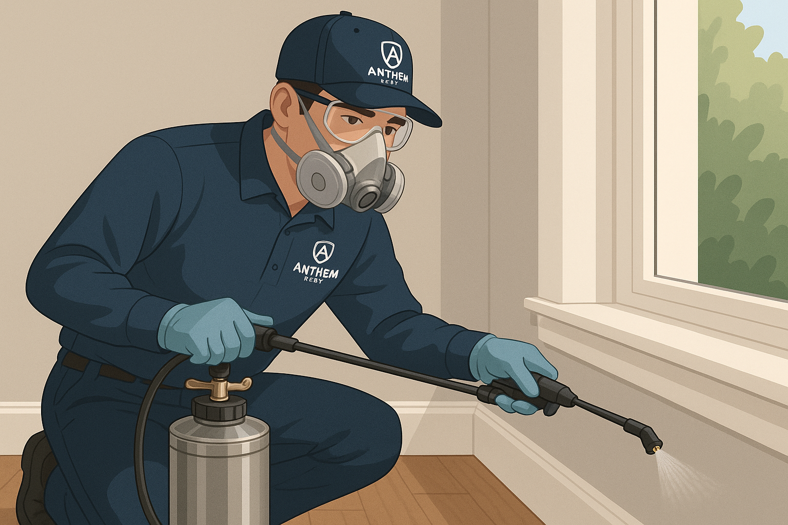 Anthem Pest technician applying a barrier spray around a home foundation