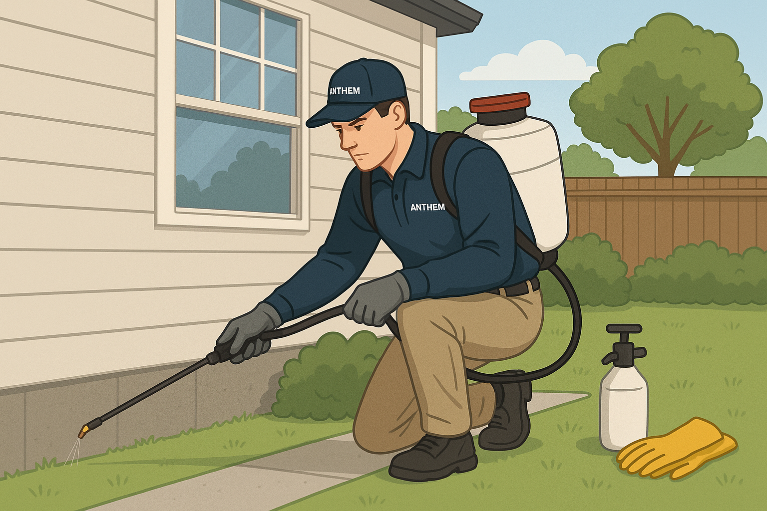 Technician performing an earwig inspection around a house
