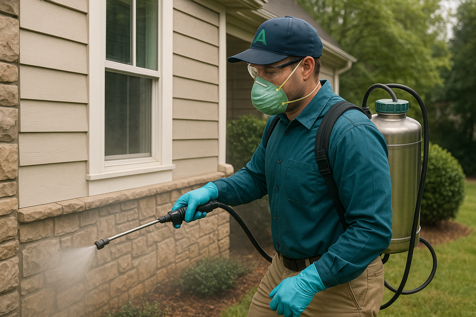 Anthem Pest technician applying a perimeter treatment to a home in Vinings, GA