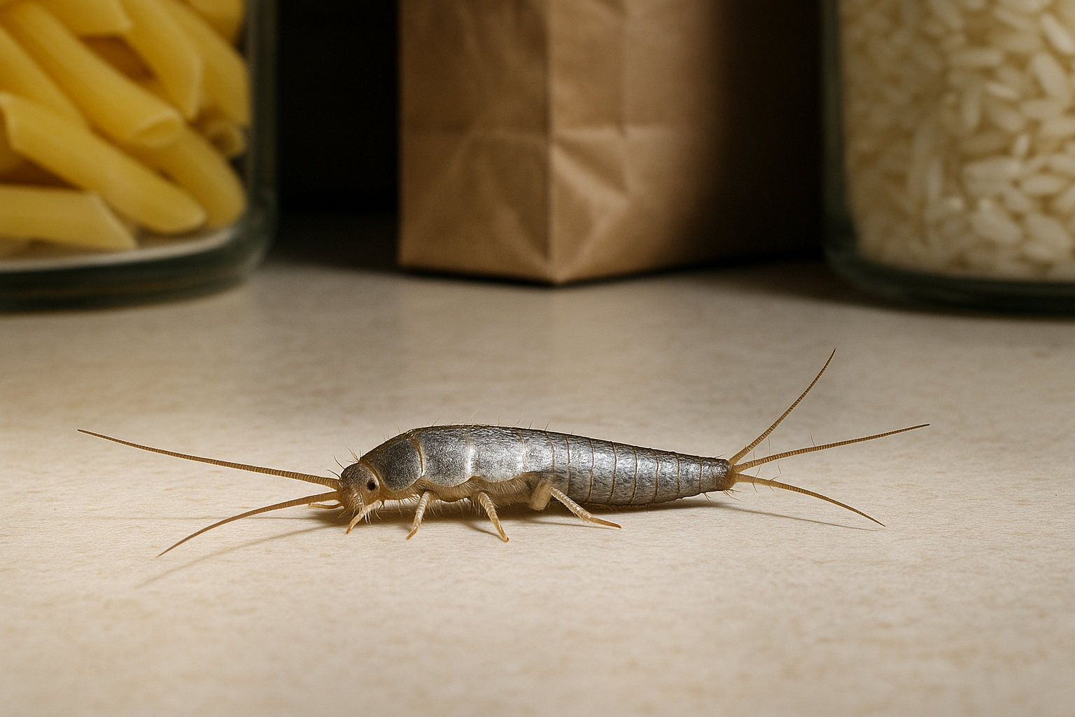 Illustration of a silverfish showing its silvery scales and tapered tail