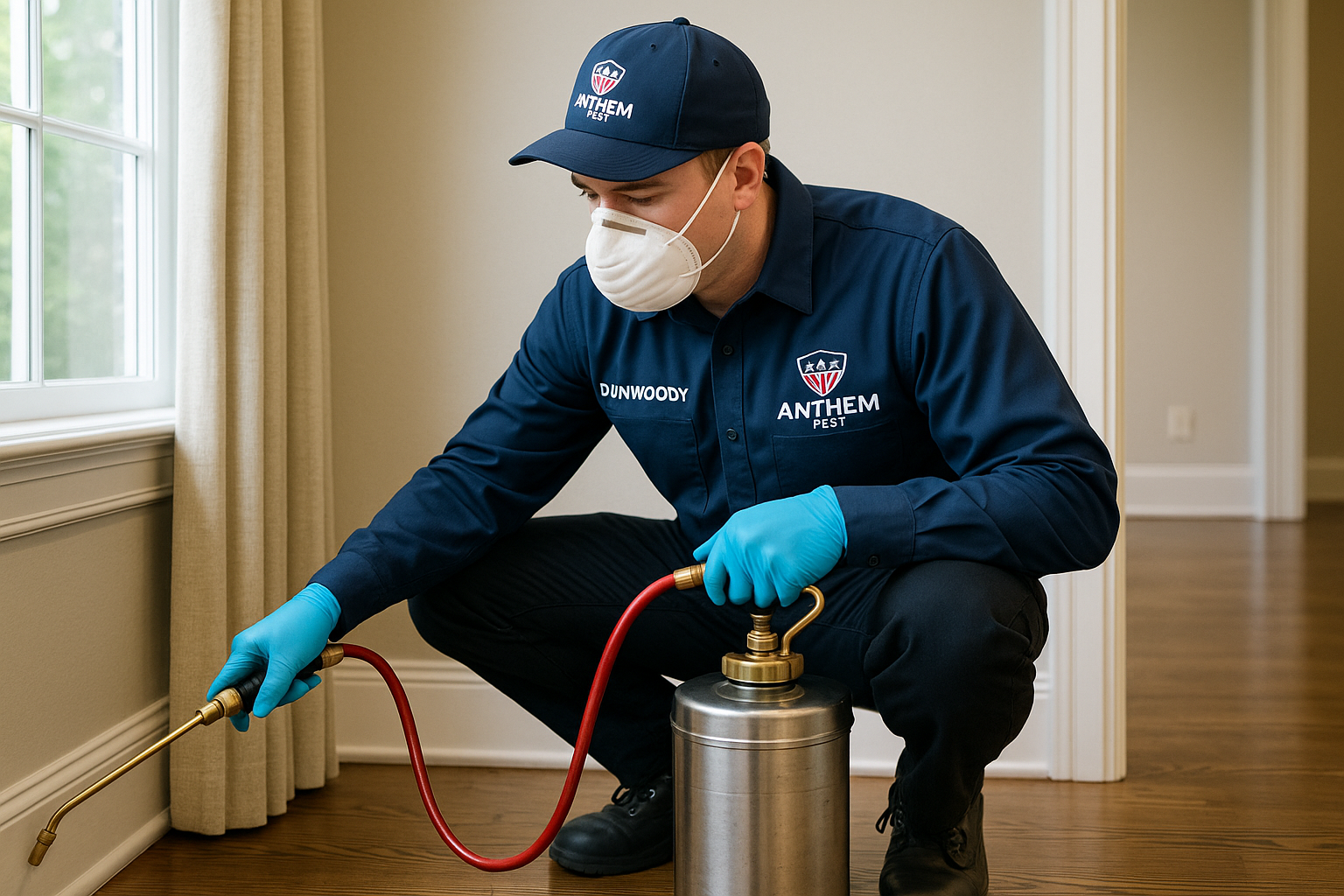 Anthem Pest technician in branded uniform conducting a silverfish inspection