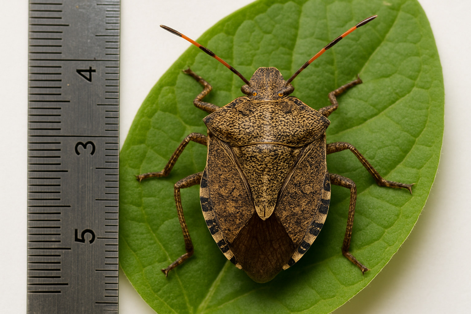 Close‑up view of a brown marmorated stink bug showing shield shape, orange‑red antennae, and V marking
