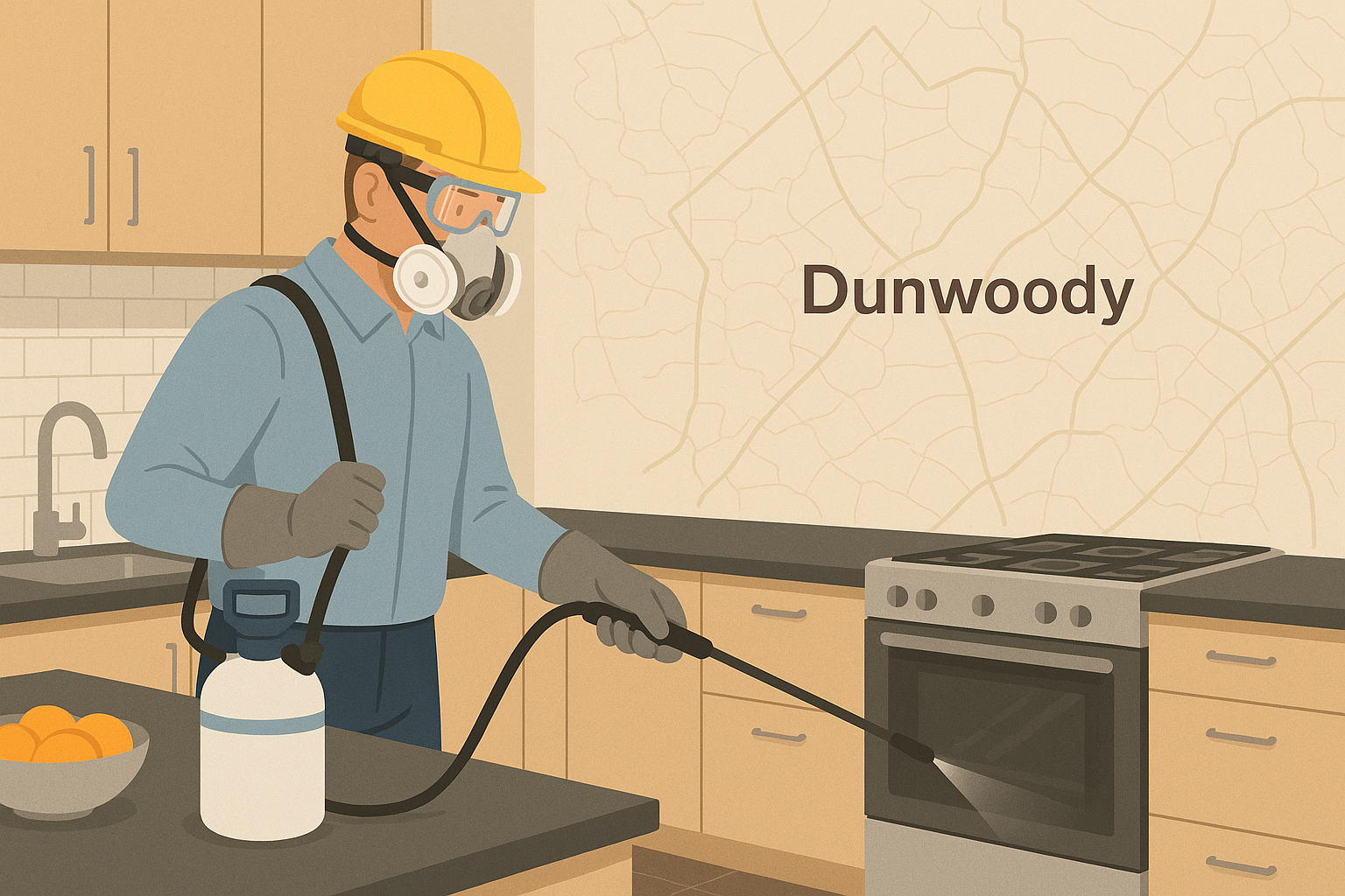 Anthem Pest technician applying indoor spray in a modern kitchen with a subtle Dunwoody map background