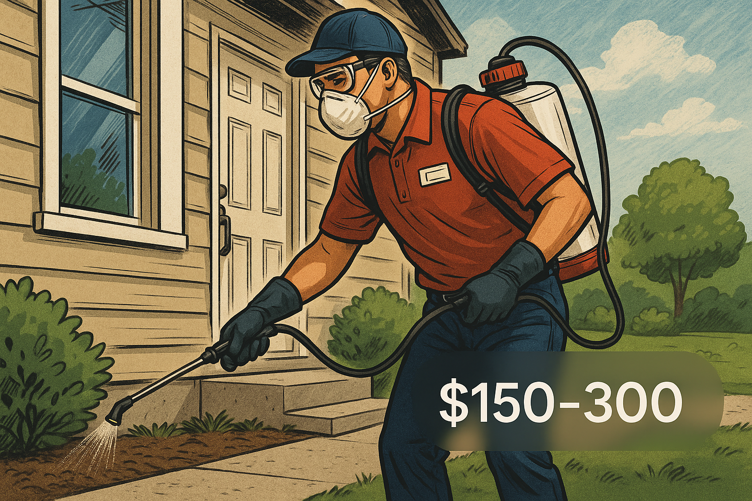 Technician applying cricket treatment around a home foundation